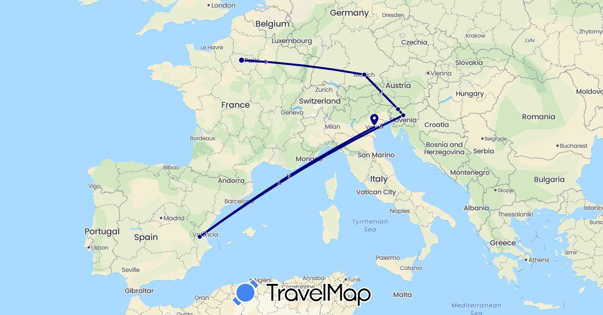 TravelMap itinerary: driving in Germany, Spain, France, Italy, Slovenia (Europe)